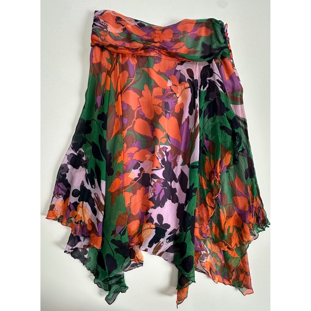 Y2K BCBGMAXAZRIA Silk Floral Fairy Handkerchief Hem Skirt Orange Green Purple 6